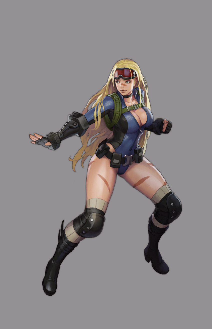 absurdres alternate_costume alternate_hairstyle belt blonde_hair boots breasts cammy_white camouflage_paint cleavage facepaint fingerless_gloves gloves goggles goggles_on_head goom_goom green_eyes grey_background highres knee_boots knee_pads street_fighter street_fighter_v utility_belt wetsuit zipper