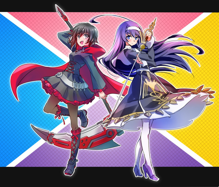 2girls blazblue:_cross_tag_battle boots commentary_request frilled_skirt frills hayami_saori high_heels iesupa multicolored_hair multiple_girls orie_(under_night_in-birth) pantyhose purple_hair ruby_rose rwby scythe seiyuu_connection skirt sword two-tone_hair under_night_in-birth weapon