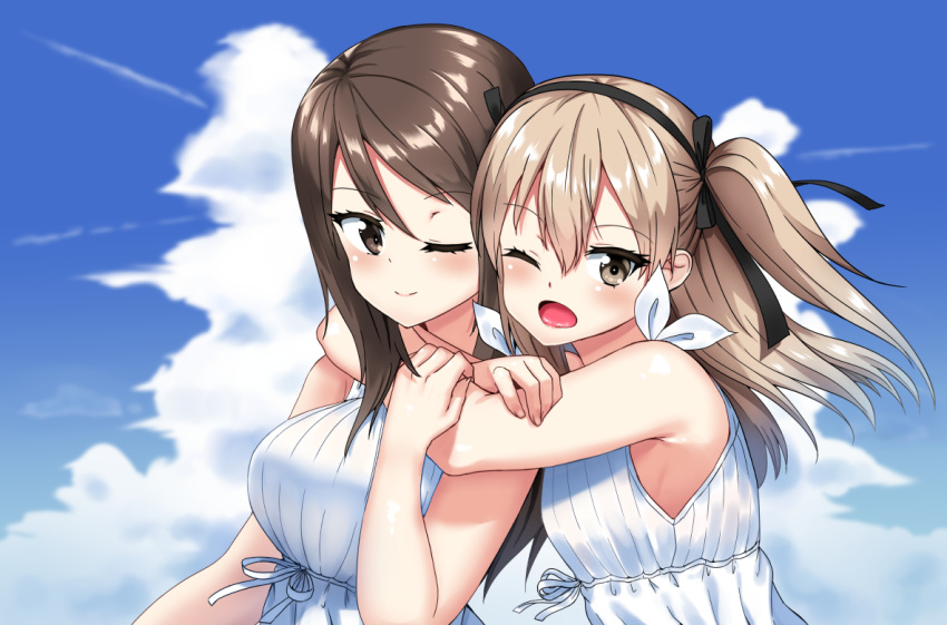 2girls ;d bangs black_ribbon brown_eyes brown_hair closed_mouth clouds cloudy_sky commentary condensation_trail day dress eyebrows_visible_through_hair from_side girls_und_panzer hair_ribbon hikyakuashibi hug hug_from_behind light_brown_eyes light_brown_hair long_hair looking_at_another looking_at_viewer looking_back mika_(girls_und_panzer) multiple_girls one_eye_closed open_mouth outdoors ribbon shimada_arisu side_ponytail sky sleeveless sleeveless_dress smile upper_body white_dress