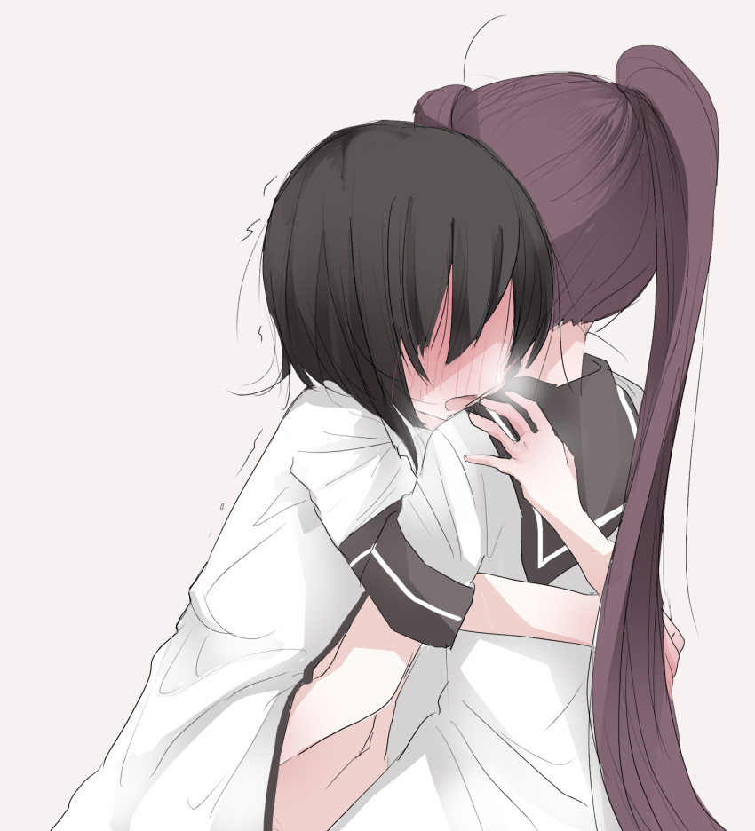 2girls bangs beige_background black_hair black_sailor_collar blouse blush breath commentary_request couple dress from_behind from_side full-face_blush funami_yui hair_intakes hair_over_eyes hand_on_another's_stomach hand_under_clothes hand_under_shirt highres hug long_hair long_ponytail midriff multiple_girls nanamori_school_uniform nateco navel no_eyes open_mouth ponytail purple_hair sailor_collar sailor_dress school_uniform shirt short_hair short_sleeves simple_background stomach sugiura_ayano touching tremble_lines trembling very_long_hair white_blouse yuri yuru_yuri