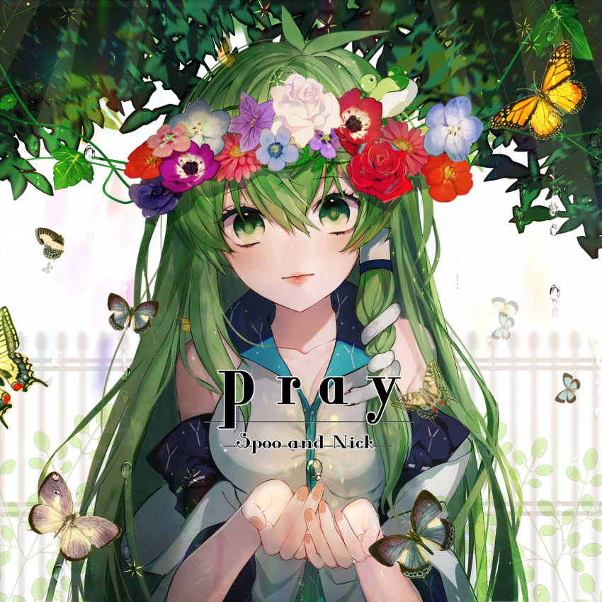 1girl bare_shoulders blue_flower breasts bug butterfly collarbone commentary_request daimaou_ruaeru detached_sleeves english eyebrows_visible_through_hair flower frog_hair_ornament green_eyes green_hair hair_between_eyes hair_ornament hair_tubes head_wreath highres insect kochiya_sanae leaf lips long_hair long_sleeves looking_at_viewer medium_breasts monarch_butterfly nail_polish orange_flower pink_flower pink_lips pink_nails plant purple_flower rose shirt sidelocks sleeveless sleeveless_shirt snake_hair_ornament solo touhou upper_body water_drop white_background white_flower white_rose white_shirt wide_sleeves