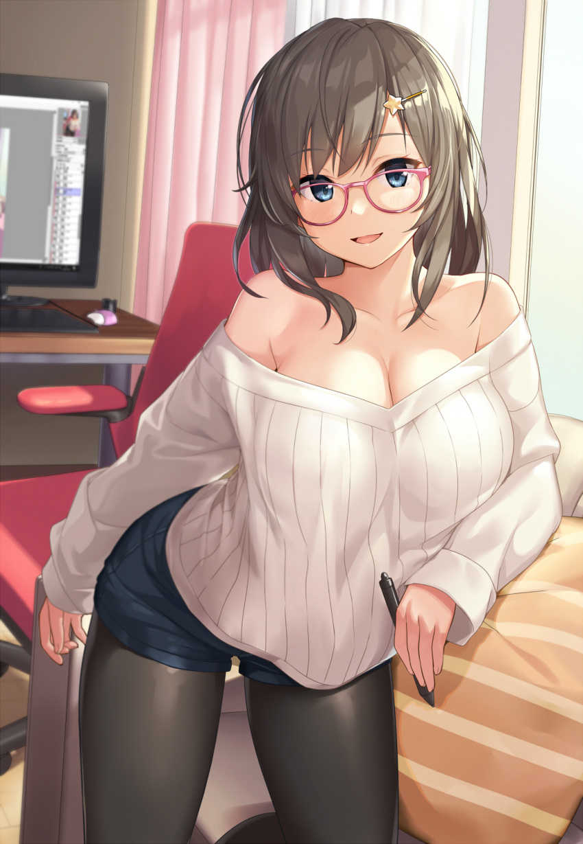 1girl arched_back arm_at_side bangs bare_shoulders bedroom black_legwear blue_eyes breasts brown_hair chair cleavage collarbone commentary_request computer cowboy_shot day desk eyebrows_visible_through_hair glasses hair_ornament hairclip highres indoors keyboard_(computer) large_breasts leaning_forward long_sleeves looking_at_viewer medium_hair monitor mouse_(computer) off-shoulder_sweater open_mouth original pantyhose pantyhose_under_shorts pink-framed_eyewear sawada_yuusuke short_shorts shorts smile solo star star_hair_ornament stylus sweater