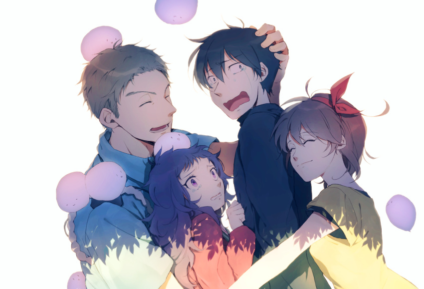 2boys 2girls ^_^ black_hair black_shirt blue_shirt brown_hair clenched_teeth closed_eyes closed_mouth constricted_pupils creature crying crying_with_eyes_open from_behind from_side hair_ribbon hand_on_another's_head hug kanzaki_shiori kirisame_ga_furu_mori kybanchou light_smile long_hair long_sleeves mochizuki_yousuke multiple_boys multiple_girls open_mouth outstretched_arm pink_eyes police police_uniform policeman purple_hair red_ribbon ribbon sakuma_miyako sandwiched shirt short_hair short_sleeves silhouette smile suga_koutarou tears teeth triangle_mouth uniform wavy_mouth white_background yellow_shirt |_|