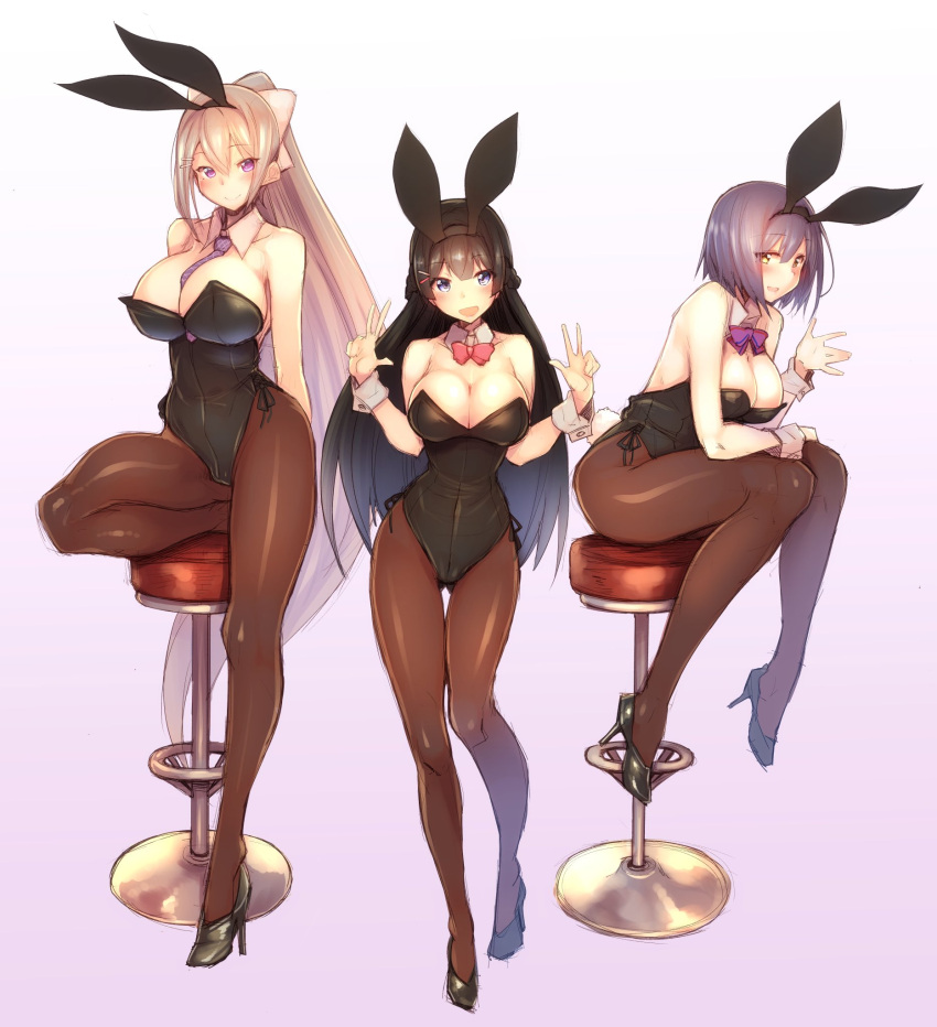 3girls :d animal_ears ass_visible_through_thighs bare_shoulders between_breasts black_hair blue_eyes blue_hair blush bow braid breasts brown_legwear bunny_girl bunny_tail bunnysuit cleavage commentary_request detached_collar double_w eyebrows_visible_through_hair fake_animal_ears folded_leg full_body hair_ornament hairband hairclip high_heels highres higuchi_kaede kagami_uekusa large_breasts leaning_forward leg_up leotard long_hair looking_at_viewer multiple_girls necktie necktie_between_breasts nijisanji open_mouth outstretched_hand pantyhose ponytail shizuka_rin short_hair silver_hair simple_background sitting smile standing standing_on_one_leg stool tail thigh_gap tsukino_mito twin_braids very_long_hair violet_eyes virtual_youtuber w wrist_cuffs yellow_eyes