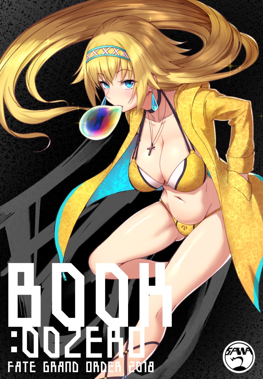 1girl absurdres bangs blonde_hair blue_eyes breasts bubble_blowing cleavage coat cover cover_page cross cross_necklace doujin_cover earrings fate/apocrypha fate_(series) floating_hair hair_flaps hairband hand_in_pocket highres jeanne_d'arc_(fate) jeanne_d'arc_(fate)_(all) jewelry large_breasts leg_up long_hair looking_at_viewer navel necklace open_clothes open_coat sawawse sidelocks solo thighs very_long_hair
