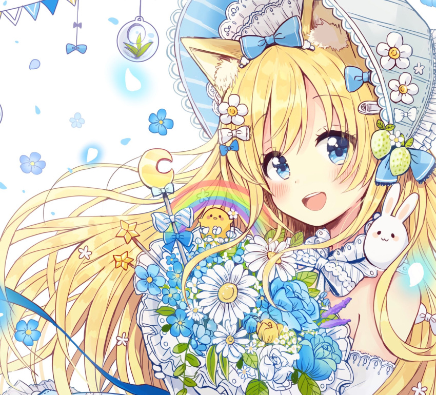 1girl :d animal animal_ears animal_on_shoulder bangs bare_shoulders bird blonde_hair blue_bow blue_eyes blue_flower bonnet bouquet bow bunny_on_shoulder cat_ears commentary crescent detached_sleeves eyebrows_visible_through_hair flower hair_bow hat highres holding holding_bouquet long_hair open_mouth original petals rabbit rainbow sakura_oriko smile solo star upper_teeth very_long_hair white_flower white_hat