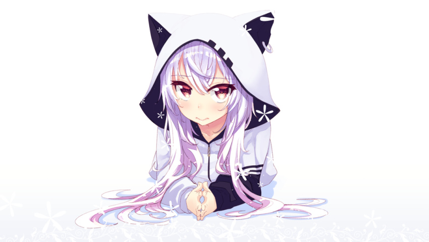 1girl akino_sora animal_ears animal_hat azuma_lim azuma_lim_channel bangs blush cat_ears closed_mouth collarbone commentary_request ear_piercing eyebrows_visible_through_hair fingernails fingers_together hair_between_eyes hat hood hood_up hoodie long_hair lying on_stomach piercing red_eyes silver_hair solo virtual_youtuber white_background white_hoodie