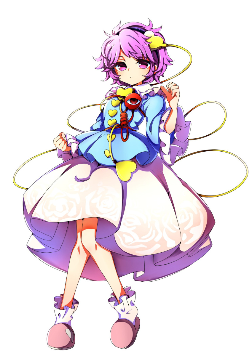 1girl baba_(baba_seimaijo) bobby_socks commentary_request eyeball frills hairband heart highres komeiji_satori pink_eyes pink_footwear pink_hair short_hair skirt slippers socks solo third_eye touhou white_background wide_sleeves