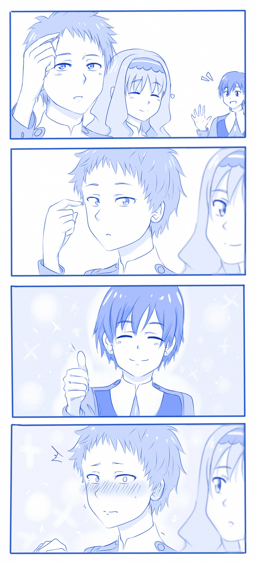 /\/\/\ 2boys 4koma :d :o absurdres alternate_hairstyle blue blush closed_eyes comic commentary_request darling_in_the_franxx embarrassed hairband hand_up highres hiro_(darling_in_the_franxx) kokoro_(darling_in_the_franxx) long_hair long_sleeves looking_at_another looking_at_viewer male_focus mitsuru_(darling_in_the_franxx) monochrome multiple_boys nose_blush open_mouth smile sparkle thumbs_up uniform viperxtr waving wide-eyed yaoi