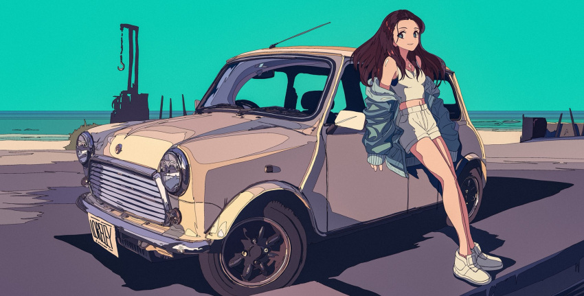 1girl beach black_hair blue_bra blue_eyes blue_jacket bra car ground_vehicle highres jacket jacket_removed kogecha_(coge_ch) leaning_against_vehicle looking_at_viewer mole mole_under_eye motor_vehicle ocean open_clothes open_jacket open_mouth original shirt shorts sleeveless sleeveless_shirt underwear white_footwear white_shorts