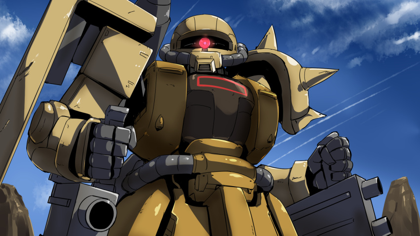 clouds cloudy_sky day gundam gundam_msv highres looking_at_viewer mecha no_humans one-eyed red_eyes shoulder_spikes sky solo spikes tenrai upper_body weapon zaku_ii