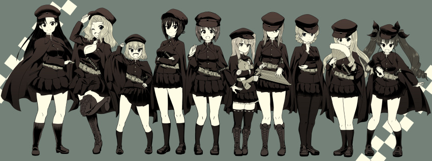 6+girls :d ;d alternate_headwear anchovy arm_behind_back arm_grab asymmetrical_bangs bandolier bangs black_cape black_eyes black_footwear black_hair black_hat black_jacket black_legwear black_skirt boko_(girls_und_panzer) boots braid breasts brown_hair cabbie_hat cape cleavage closed_mouth commentary cross-laced_footwear crossed_arms darjeeling drill_hair eyebrows_visible_through_hair fan folding_fan girls_und_panzer hair_intakes hair_ribbon hand_on_hip hand_on_own_chin hand_on_sword hat highres hikyakuashibi holding holding_instrument holding_stuffed_animal instrument jacket kantele katyusha kay_(girls_und_panzer) knee_boots lace-up_boots large_breasts light_smile loafers long_sleeves marie_(girls_und_panzer) mika_(girls_und_panzer) miniskirt multiple_girls muted_color nishi_kinuyo nishizumi_maho nishizumi_miho one_eye_closed open_mouth pantyhose pleated_skirt raised_fist ribbon ribbon-trimmed_legwear ribbon_trim riding_crop shimada_arisu shoes siblings side_ponytail sisters skirt smile socks standing standing_on_one_leg stuffed_animal stuffed_toy teddy_bear thigh-highs thigh_boots tied_hair trait_connection twin_braids twin_drills twintails uniform v-shaped_eyebrows