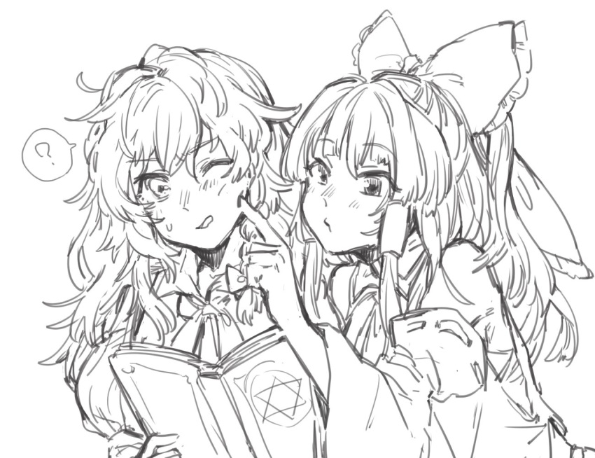 2girls ? blush book bow cheek_poking commentary d; detached_sleeves hair_bow hair_tubes hakurei_reimu kirisame_marisa long_hair messy_hair monochrome multiple_girls one_eye_closed open_mouth poking pout reading shidaccc touhou yuri