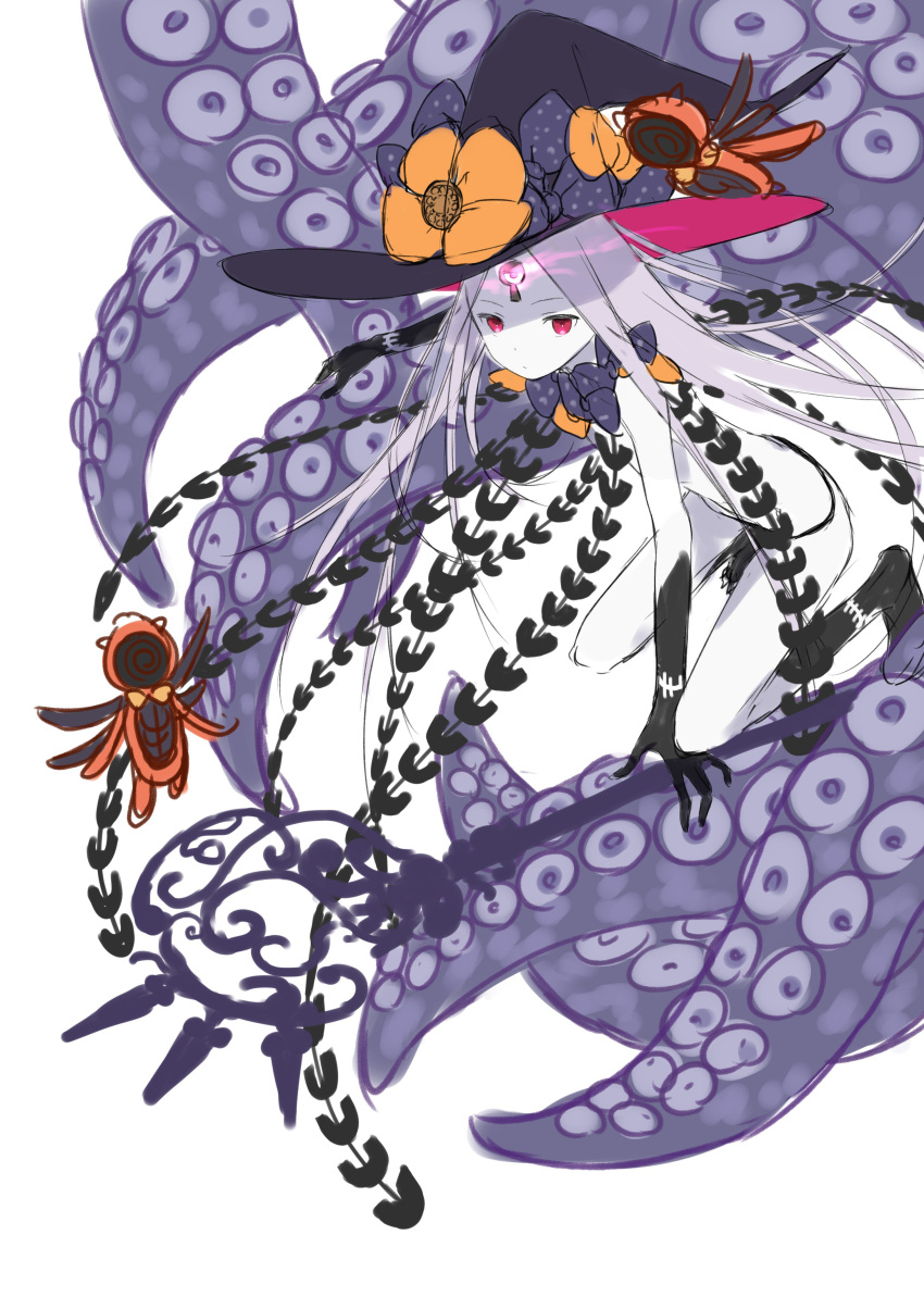 1girl abigail_williams_(fate/grand_order) absurdres bangs bow fate/grand_order fate_(series) highres keyhole laika_(sputnik2nd) orange_bow parted_bangs polka_dot polka_dot_bow tentacle white_skin witch_aht
