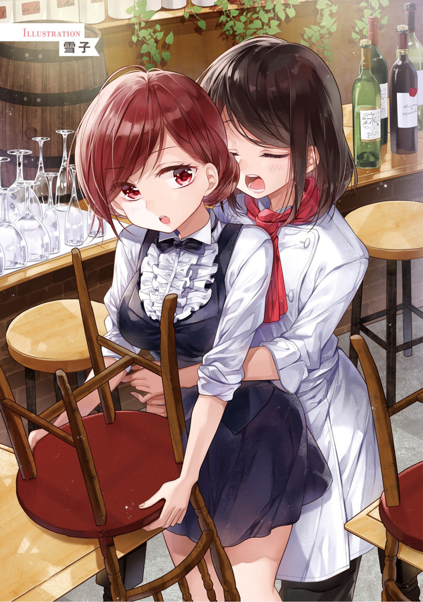 2girls artist_name black_hair black_pants black_ribbon black_skirt bottle brown_hair chair closed_eyes cowboy_shot eyebrows_visible_through_hair glass highres holding hug hug_from_behind indoors miniskirt multiple_girls neck_ribbon open_mouth original pants red_eyes red_neckwear ribbon shirt short_hair skirt standing uniform white_shirt yukiko_(tesseract)