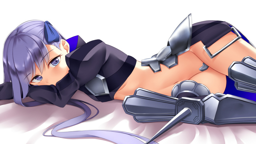 1girl armored_boots bed_sheet blue_ribbon boots breasts commentary_request crotch_plate eyebrows_visible_through_hair fate/grand_order fate_(series) hair_ribbon highres juliet_sleeves long_hair long_sleeves looking_at_viewer lying meltlilith navel on_side pspmaru puffy_sleeves purple_hair ribbon simple_background small_breasts solo spikes violet_eyes white_background