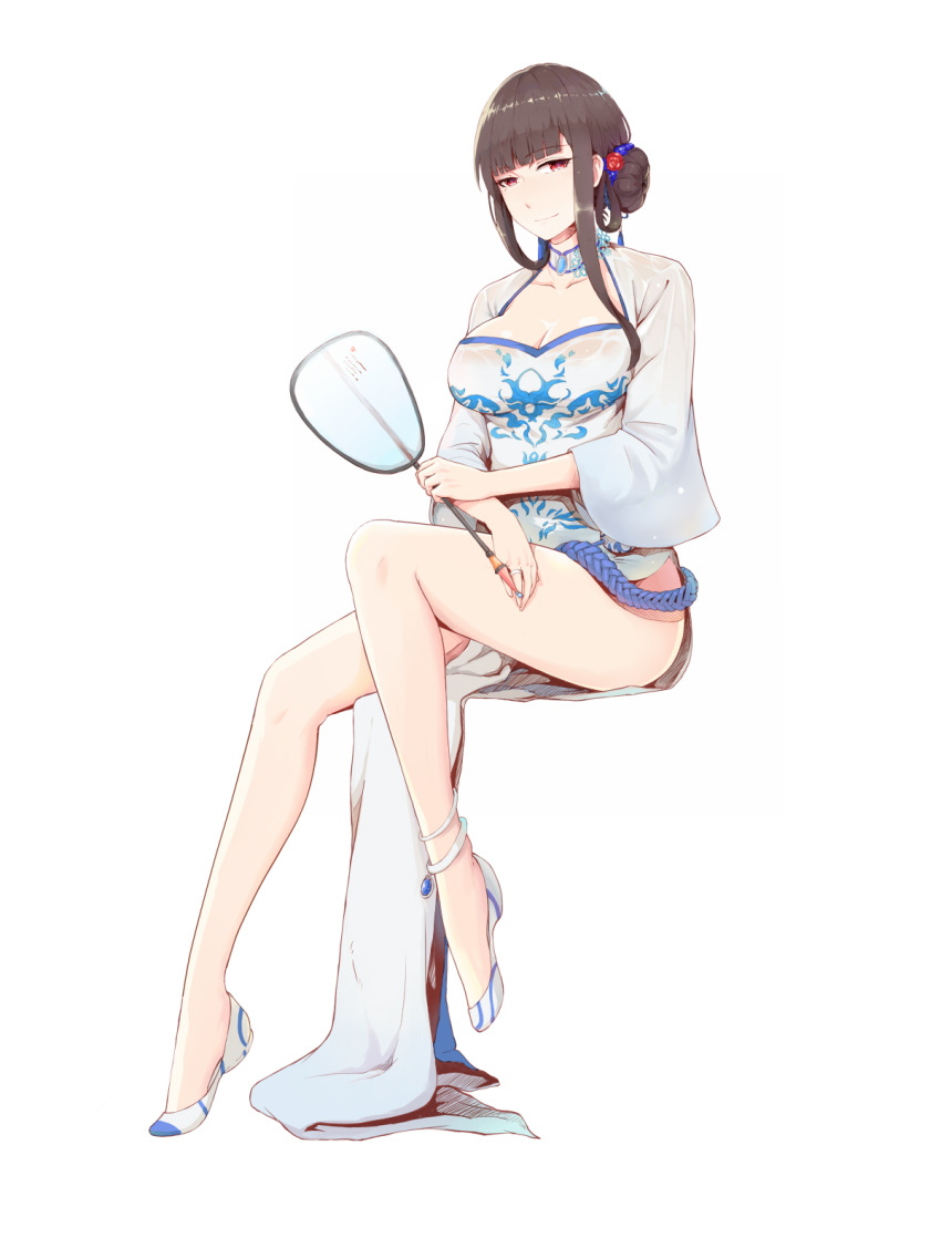 1girl anklet bangs blunt_bangs brown_hair china_dress chinese_clothes dress full_body hair_ornament highres jewelry looking_at_viewer mole mole_under_eye red_eyes ring short_hair simple_background sitting smile solo white_background xiao_shei.. yat_sen_(zhan_jian_shao_nyu) zhan_jian_shao_nyu