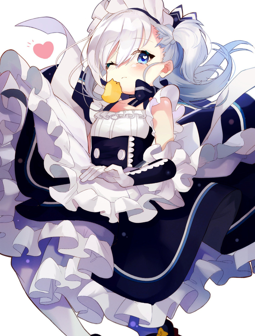 1girl animal apron azur_lane bangs bare_shoulders belfast_(azur_lane) bird blue_dress blue_eyes blush braid breasts brown_footwear chick closed_mouth commentary commentary_request dress eyebrows_visible_through_hair frilled_apron frilled_skirt frills gloves hair_ornament hair_ribbon heart heart_in_eye highres long_hair looking_at_viewer maid_headdress one_eye_closed parted_lips pomu_(pomu_me) ribbon silver_hair simple_background skirt sleeveless sleeveless_dress small_breasts solo symbol_in_eye waist_apron white_apron white_background white_gloves white_legwear younger