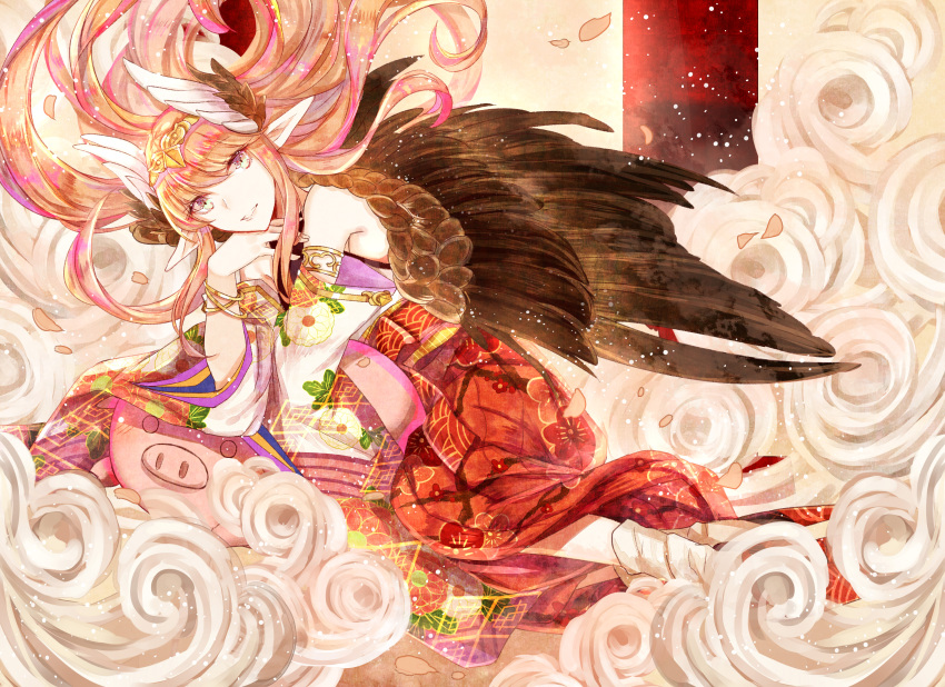 1girl absurdres alternate_costume armlet black_wings bracelet circe_(fate/grand_order) circlet fate/grand_order fate_(series) feathered_wings gevjon hand_on_own_chin head_wings highres japanese_clothes jewelry long_hair looking_at_viewer multicolored_hair orange_hair pig pink_hair pointy_ears smile solo wings