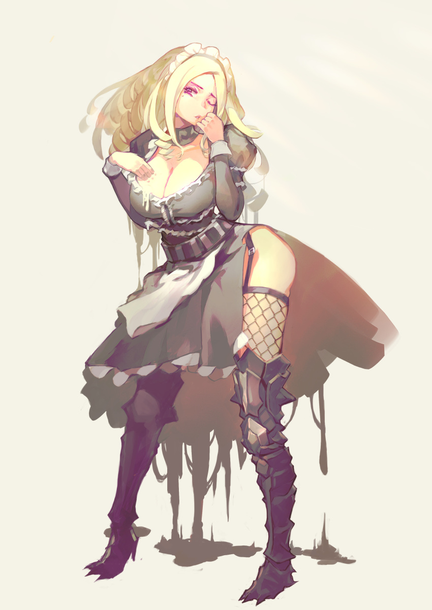 1girl absurdres armored_boots blonde_hair boots breasts cleavage cleavage_cutout collar collarbone fishnet_legwear fishnets garter_straps hand_on_own_chest hand_on_own_chin highres large_breasts long_hair luviantree maid maid_headdress overlord_(maruyama) puffy_sleeves side_slit solution_epsilon thigh-highs thighs