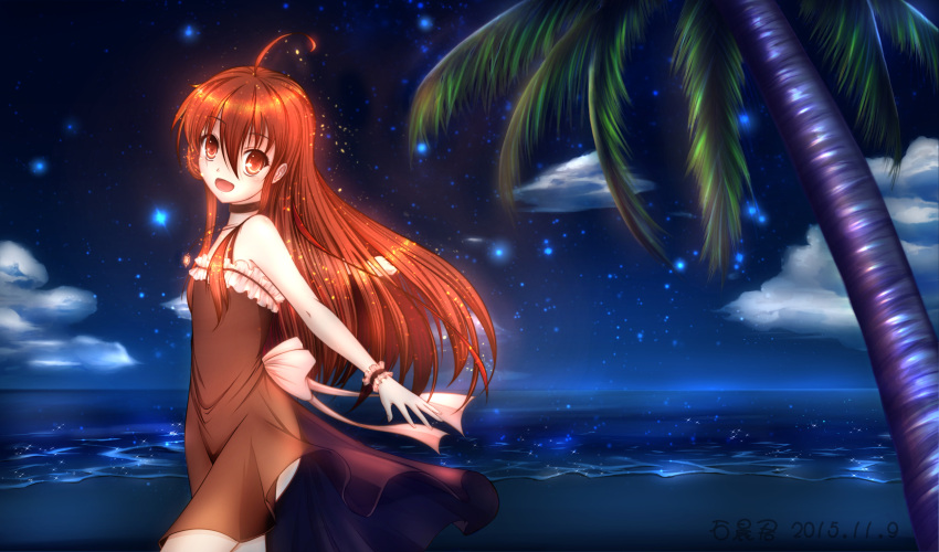 10s 1girl 2015 278004410 :d ahoge ascii_media_works back_bow beach bow brown_dress choker clouds cute dated dress floating_hair from_side hair_between_eyes highres j.c._staff jewelry long_dress long_hair looking_at_viewer necklace night ocean open_mouth outdoors outstretched_arm palm_tree red_eyes redhead see-through_silhouette shakugan_no_shana shana sky sleeveless sleeveless_dress smile solo standing star_(sky) starry_sky strapless strapless_dress striped striped_dress sundress tree very_long_hair white_bow wrist_cuffs