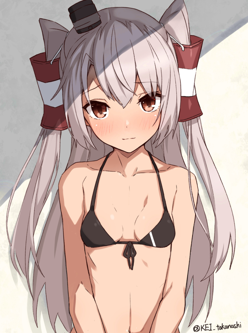 1girl amatsukaze_(kantai_collection) bangs bare_shoulders bikini bikini_top black_bikini blush breasts brown_eyes closed_mouth collarbone commentary_request eyebrows_visible_through_hair front-tie_bikini front-tie_top hair_between_eyes hair_tubes highres kantai_collection long_hair looking_at_viewer navel sidelocks silver_hair small_breasts smokestack smokestack_hair_ornament solo swimsuit takanashi_kei_(hitsujikan) twitter_username two_side_up underwear upper_body very_long_hair windsock