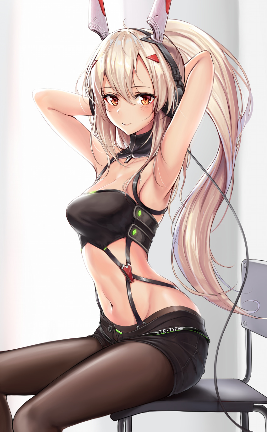 1girl absurdres armpits arms_up ayanami_(azur_lane) azur_lane bangs black_legwear black_shorts blonde_hair breasts brown_eyes chair cleavage closed_mouth collarbone commentary_request eyebrows_visible_through_hair hair_between_eyes headgear headphones high_ponytail highres indoors light_brown_hair long_hair looking_at_viewer medium_breasts midriff navel pantyhose pdxen ponytail short_shorts shorts sidelocks sitting smile solo strapless tubetop very_long_hair
