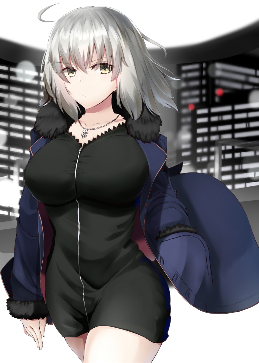 1girl ahoge black_dress blue_jacket breasts coat commentary_request dress eyebrows_visible_through_hair fate/grand_order fate_(series) full-length_zipper fur-trimmed_coat fur-trimmed_jacket fur-trimmed_sleeves fur_collar fur_trim highres jacket jeanne_d'arc_(alter)_(fate) jeanne_d'arc_(fate)_(all) jewelry large_breasts looking_at_viewer necklace ninoude_(ninoude44) open_clothes open_coat open_jacket short_dress silver_hair wicked_dragon_witch_ver._shinjuku_1999 yellow_eyes zipper