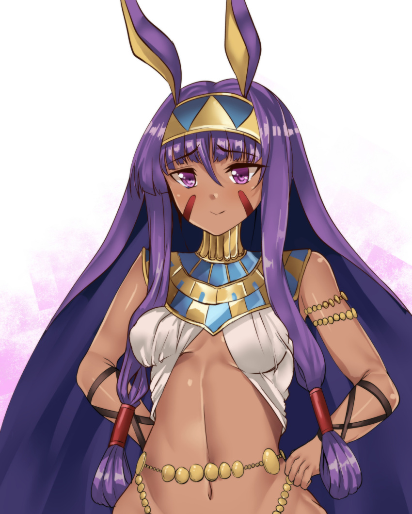 1girl animal_ears bangs bare_shoulders blush breasts closed_mouth commentary_request dark_skin egyptian egyptian_clothes eyebrows_visible_through_hair facial_mark fate/grand_order fate_(series) hair_between_eyes hairband hands_on_hips highres jackal_ears jewelry long_hair looking_at_viewer medium_breasts navel nitocris_(fate/grand_order) purple_hair setu_(shining12) sidelocks smile solo upper_body very_long_hair violet_eyes white_background