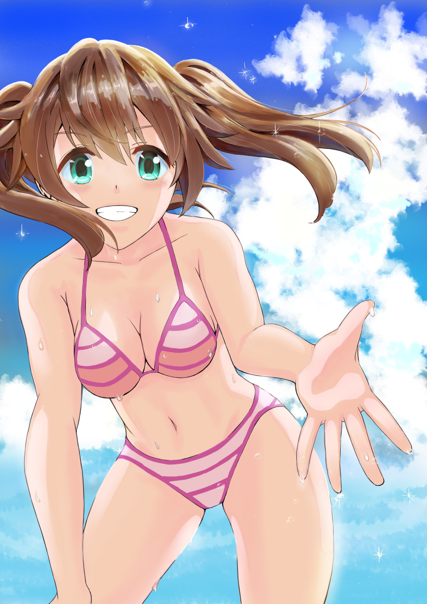 1girl absurdres bikini breasts brown_hair collarbone darling_in_the_franxx eyebrows_visible_through_hair green_eyes highres koyoi-kimito looking_at_viewer medium_breasts miku_(darling_in_the_franxx) open_mouth short_hair sky smile solo striped striped_bikini swimsuit twintails