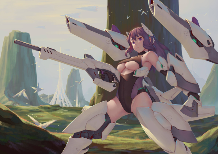 1girl armor bare_shoulders bigrbear bird boots breasts cannon closed_mouth clouds cloudy_sky day dove flock headgear highres large_breasts legs_apart leotard long_hair looking_at_viewer original outdoors purple_hair science_fiction sky smile solo space_craft standing under_boob violet_eyes
