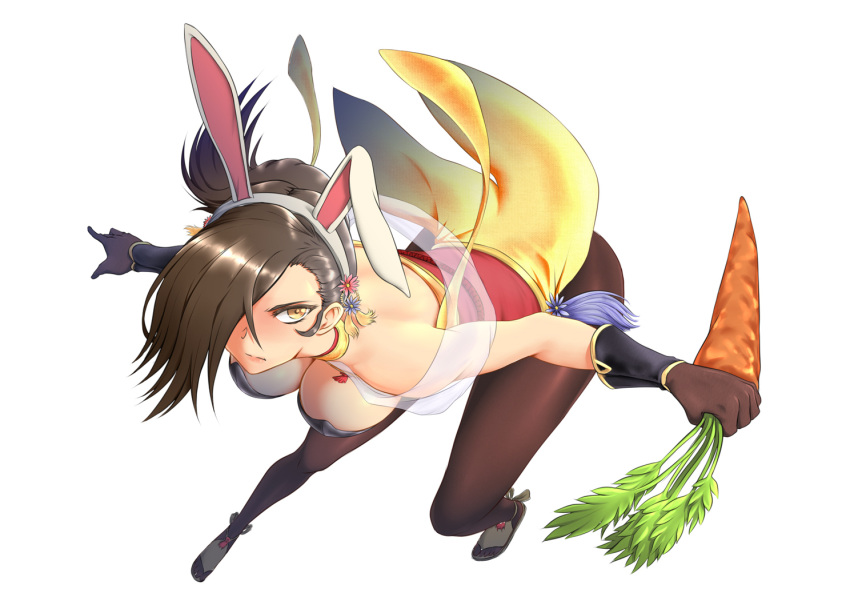 1girl animal_ears bare_shoulders bent_over breasts brown_eyes brown_gloves brown_hair brown_legwear bunny_girl carrot cleavage fake_animal_ears fire_emblem fire_emblem_heroes flower food frown full_body gloves hair_flower hair_ornament hair_over_one_eye hanging_breasts holding holding_food kagerou_(fire_emblem_if) large_breasts long_hair looking_at_viewer pantyhose rabbit_ears solo white_background yamauchi_(conan-comy)