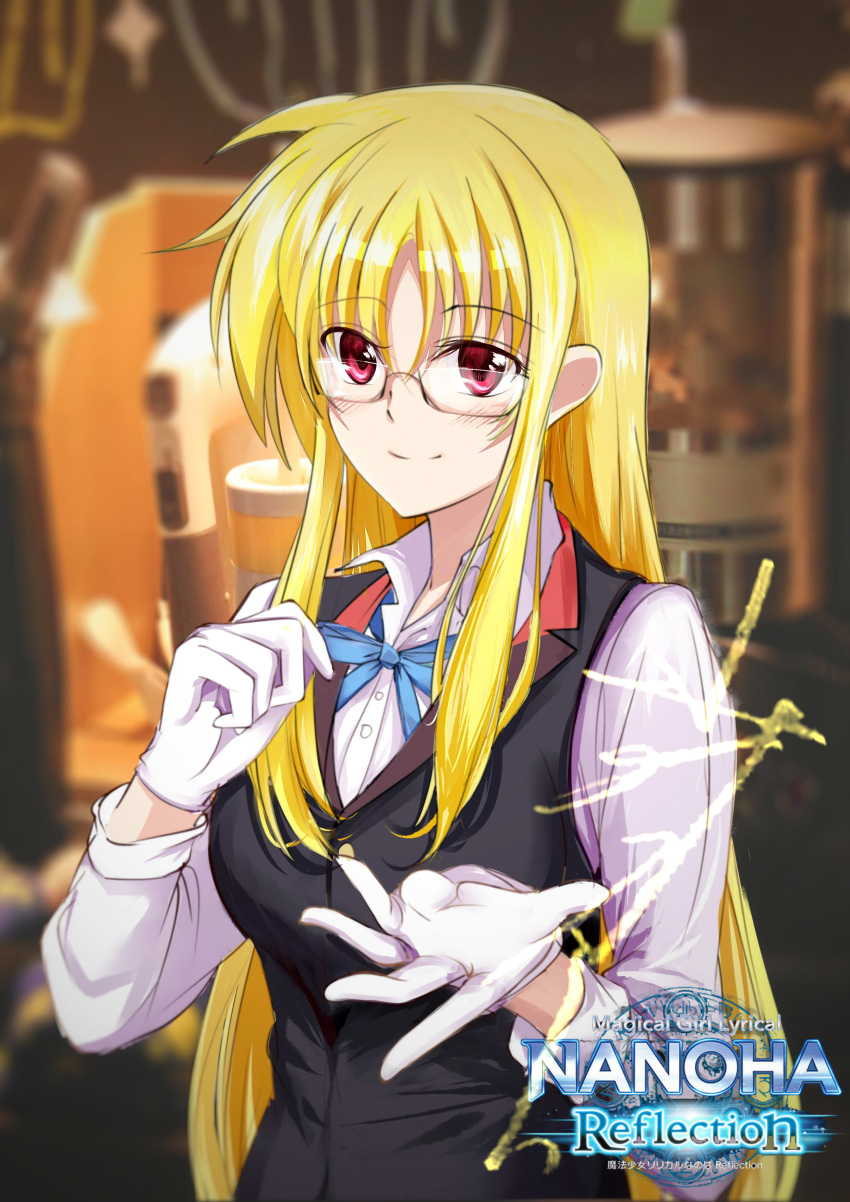 1girl absurdres bespectacled blonde_hair blue_neckwear bow bowtie changpan_hutao chinese_commentary commentary_request copyright_name dress_shirt fate_testarossa glasses gloves highres long_hair lyrical_nanoha mahou_shoujo_lyrical_nanoha_reflection outstretched_hand red_eyes shirt smile solo upper_body vest white_gloves white_shirt