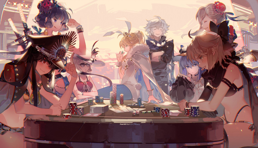 1boy 6+girls :q ahoge artist_name artoria_pendragon_(all) artoria_pendragon_(swimsuit_ruler)_(fate) bead_bracelet beads black_hair blonde_hair blue_legwear bracelet breasts cape closed_eyes closed_mouth commentary_request copyright_name crossed_arms dice fate/grand_order fate_(series) fishnet_pantyhose fishnets fur_trim hair_ornament hat jewelry katana katsushika_hokusai_(fate/grand_order) katsushika_hokusai_(swimsuit_saber)_(fate) kawacy long_hair medium_breasts meltryllis meltryllis_(swimsuit_lancer)_(fate) miyamoto_musashi_(fate/grand_order) miyamoto_musashi_(swimsuit_berserker)_(fate) mouth_hold multiple_girls oda_nobunaga_(fate) oda_nobunaga_(swimsuit_berserker)_(fate) okita_souji_(fate)_(all) okita_souji_(swimsuit_assassin)_(fate) open_mouth pantyhose ponytail purple_hair red_eyes short_hair silver_hair sitting smile sunglasses swimsuit sword tongue tongue_out violet_eyes weapon white_cape white_hair