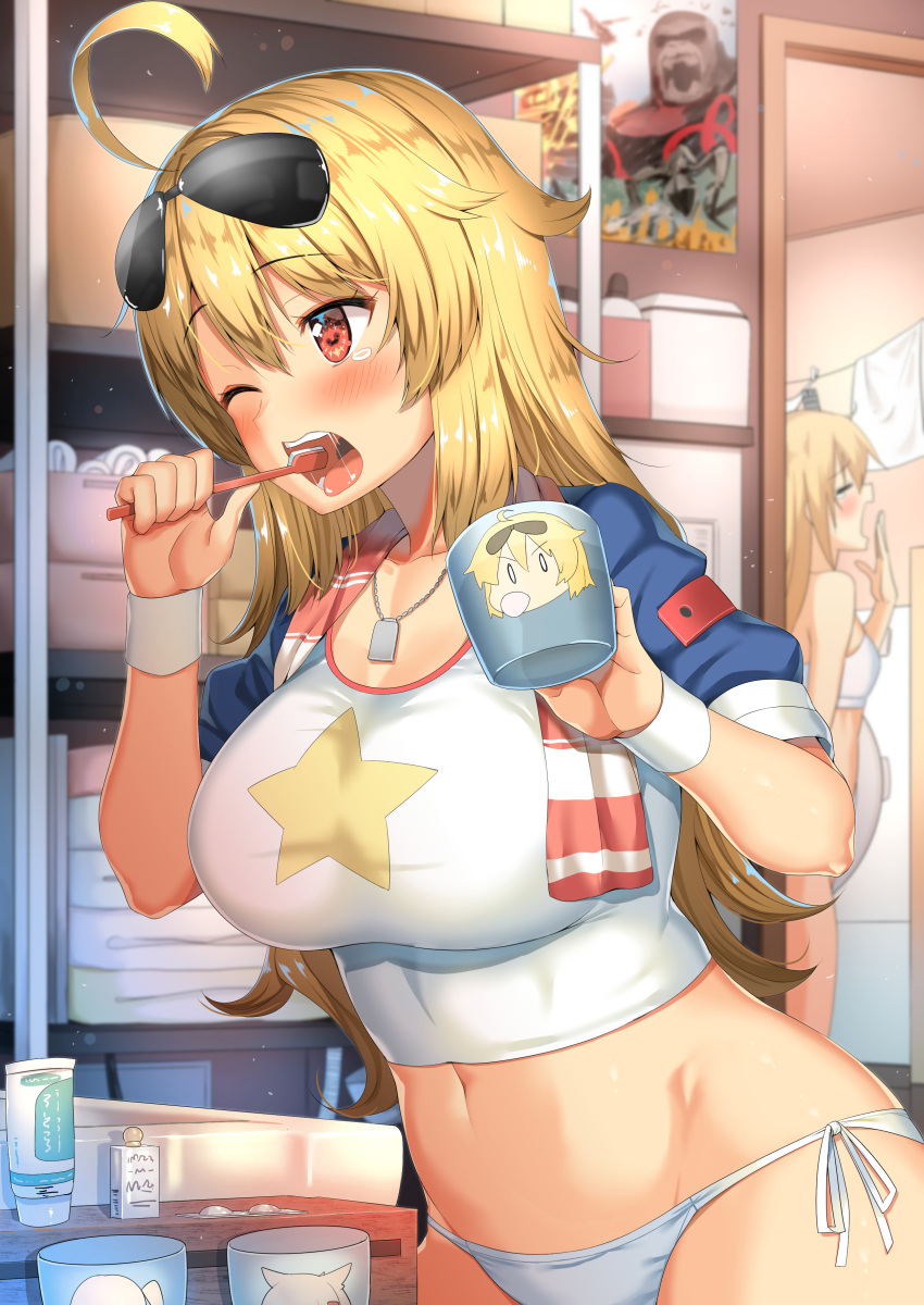 2girls absurdres ahoge azur_lane bangs bathroom blonde_hair blurry body_mahattaya_ginga breasts brushing_teeth character_request cleveland_(azur_lane) columbia_(azur_lane) cowboy_shot crop_top cup day depth_of_field dog_tags eyebrows_visible_through_hair eyewear_on_head hair_between_eyes highres indoors jewelry large_breasts laundry long_hair morning mug multiple_girls navel necklace one_eye_closed open_mouth panties red_eyes short_sleeves side-tie_panties solo_focus star star_print tears teeth towel towel_around_neck underwear white_panties wrist_cuffs yawning