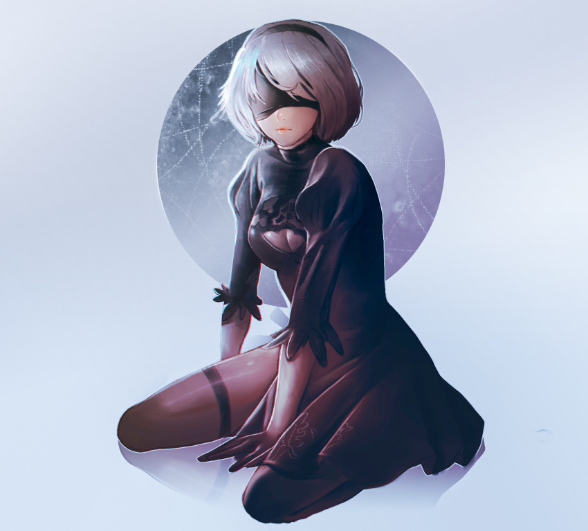 1girl between_legs black_dress black_hairband blindfold boots cleavage_cutout covered_eyes dress feather-trimmed_sleeves hairband hand_between_legs highres juliet_sleeves kneeling long_sleeves nier_(series) nier_automata pink_lips puffy_sleeves seiza silver_hair sitting thigh-highs thigh_boots thighhighs_under_boots tofu_sean vambraces yorha_no._2_type_b