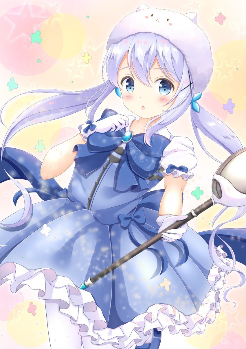 1girl animal_hat bangs blue_bow blue_eyes blue_footwear blue_hair blue_skirt blue_vest blush bow brooch bunny_hat character_hat commentary_request eyebrows_visible_through_hair frilled_skirt frills gloves gochuumon_wa_usagi_desu_ka? hair_between_eyes hair_ornament hat highres holding holding_spoon holding_wand inahori jewelry kafuu_chino loafers long_hair looking_at_viewer magical_girl oversized_object pantyhose parted_lips pleated_skirt puffy_short_sleeves puffy_sleeves shirt shoes short_sleeves skirt solo spoon star tippy_(gochiusa) twintails very_long_hair vest wand white_gloves white_hat white_legwear white_shirt x_hair_ornament