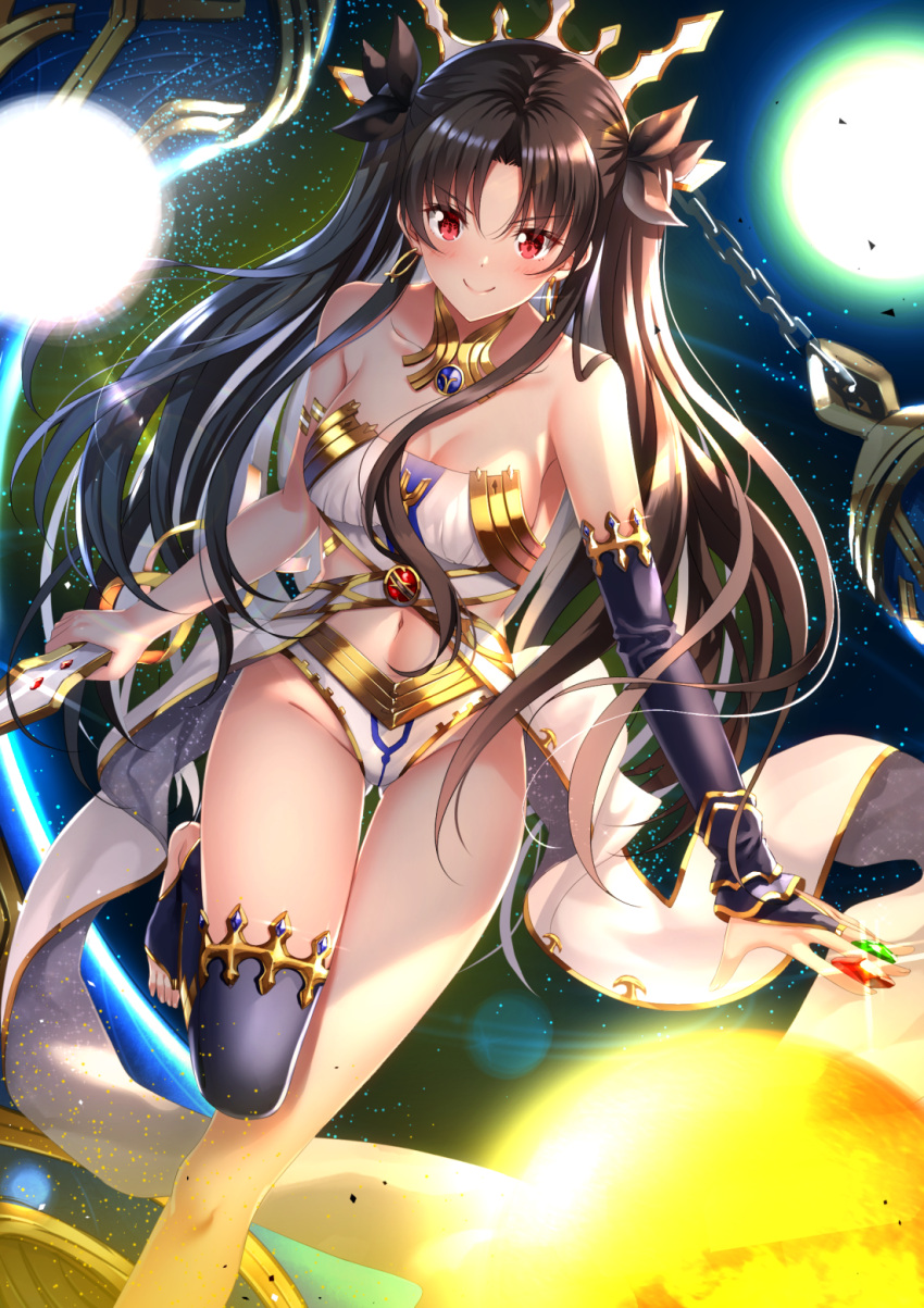 1girl asymmetrical_legwear bangs bare_shoulders between_fingers black_bow black_hair black_legwear blush bow breasts bridal_gauntlets brown_hair chains cleavage closed_mouth collarbone commentary_request earrings emerald fate/grand_order fate_(series) glint groin hair_bow highres ishtar_(fate/grand_order) jewelry long_hair looking_at_viewer medium_breasts navel neck_ring parted_bangs red_eyes ruby_(stone) single_bridal_gauntlet single_thighhigh smile solo standing standing_on_one_leg stirrup_legwear swordsouls thigh-highs tiara two_side_up very_long_hair