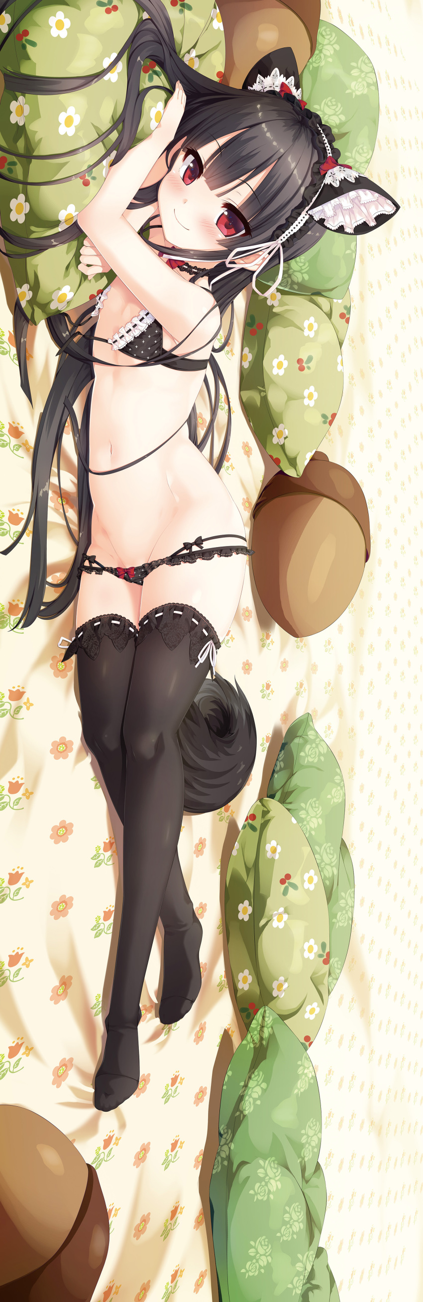 1girl absurdres animal_ears arms_up bangs bed_sheet black_bow black_bra black_hair black_legwear black_panties blush bow bow_bra bow_panties bra breasts closed_mouth cura eyebrows_visible_through_hair fantia_reward fingernails floral_print frilled_bra frilled_hairband frills front-tie_top groin hachiroku_(maitetsu) hair_ribbon highres lace lace-trimmed_panties long_hair lying maitetsu navel no_shoes on_side paid_reward panties panty_pull pillow polka_dot polka_dot_bra polka_dot_panties red_bow red_eyes ribbon ribbon-trimmed_bra small_breasts smile solo tail thigh-highs underwear underwear_only untied_bra very_long_hair white_ribbon