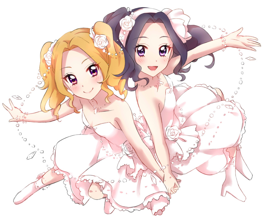 2girls :d aikatsu! aikatsu!_(series) alternate_hairstyle bare_shoulders black_hair blonde_hair blush breasts cleavage daichi_nono dress eyebrows_visible_through_hair flower flower_ornament frilled_dress frills full_body gloves hair_ornament hairband hand_holding high_heels highres jewelry lipstick long_hair looking_at_viewer makeup mole mole_under_eye multiple_girls necklace open_mouth rose sekina shirakaba_risa shoes simple_background small_breasts smile solo twintails violet_eyes wedding_dress white_background white_dress white_flower white_footwear white_gloves white_rose