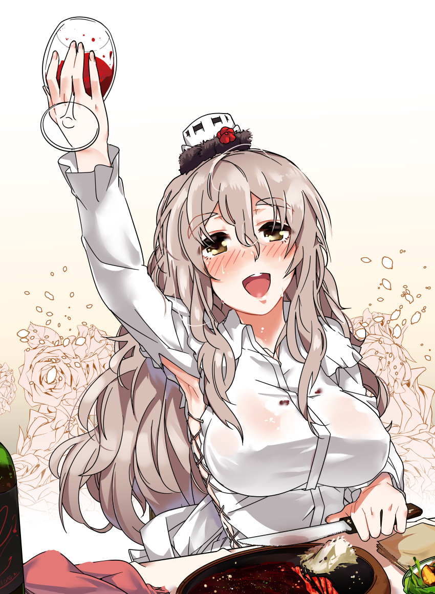 1girl :d absurdres alcohol arm_up armpit_cutout armpits bangs bitchcraft123 blush bottle breasts collared_shirt cup drinking_glass eyebrows eyebrows_visible_through_hair fingernails flower food gradient gradient_background grey_hair hair_between_eyes highres holding holding_drinking_glass holding_knife kantai_collection knife large_breasts leaf long_fingernails long_hair long_sleeves nose_blush open_mouth pola_(kantai_collection) rose shirt smile solo steak sweat taut_clothes taut_shirt teeth thick_eyebrows tongue wavy_hair white_shirt wine wine_bottle wine_glass yellow_eyes