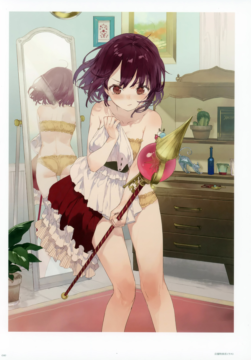 1girl :/ absurdres ass atelier_(series) atelier_sophie back bangs blush bottle bra brown_eyes carpet chest_of_drawers cinderella_bust drawer dress_removed dressing embarrassed floating_hair highres holding holding_clothes holding_staff huge_filesize indoors looking_at_viewer mirror noco_(adamas) orange_bra orange_panties panties picture_frame plant potted_plant redhead reflection scan short_hair solo sophie_neuenmuller staff standing tears underwear underwear_only