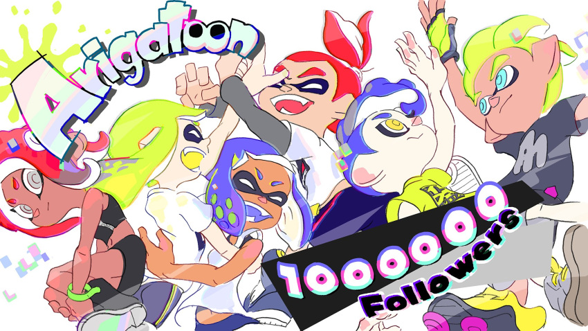 3boys 3girls ^_^ blonde_hair blue_eyes blue_hair closed_eyes commentary_request dark_skin grey_eyes high_five highres hug inkling inoue_seita long_sleeves midriff miniskirt mohawk multiple_boys multiple_girls octoling redhead shirt short_hair shorts simple_background skirt splatoon splatoon_2 t-shirt tan tentacle_hair thank_you topknot white_background white_shirt yellow_eyes