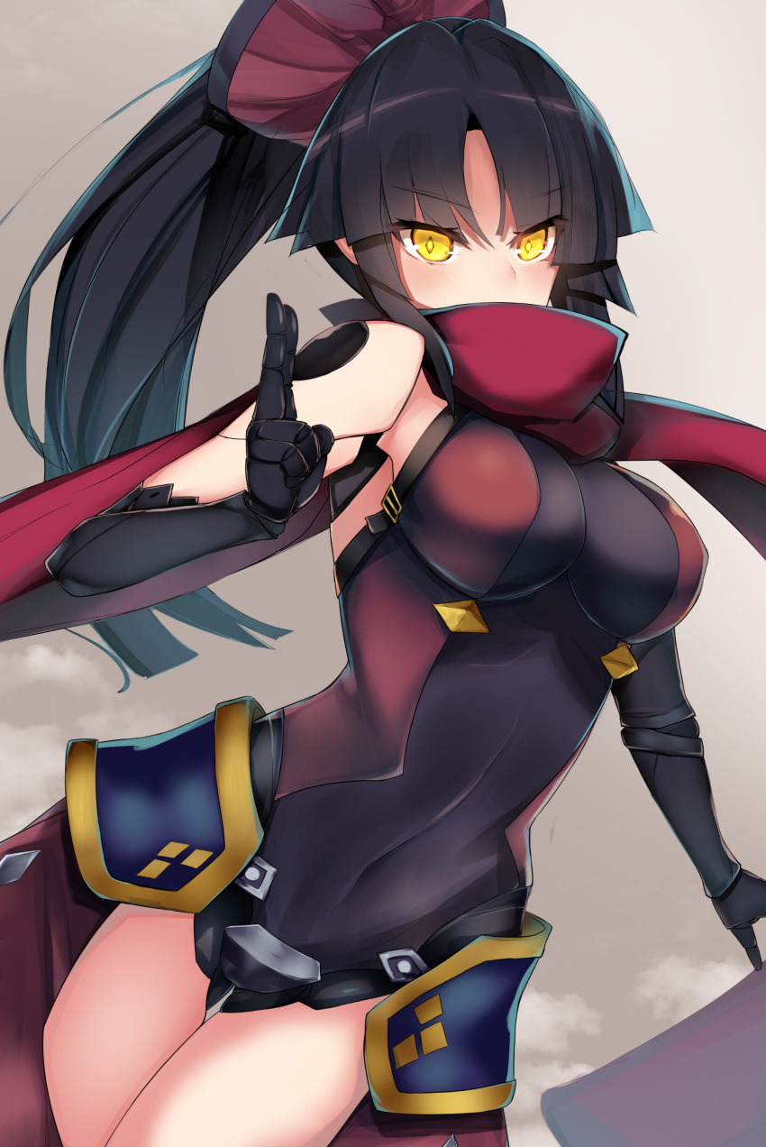 1girl absurdres bangs black_hair blush breasts covered_navel elbow_gloves eyebrows_visible_through_hair fate/grand_order fate_(series) fingers_together gloves highres katou_danzou_(fate/grand_order) large_breasts leotard long_hair nanakaku ninpo ponytail red_scarf robot_joints scarf sleeveless solo thighs yellow_eyes