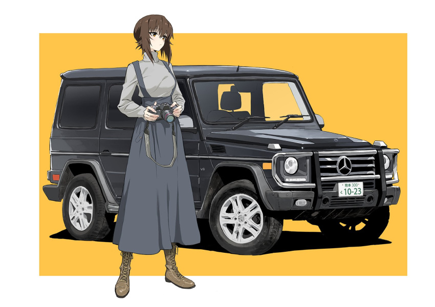 1girl blue_skirt boots breasts brown_eyes brown_footwear brown_hair camera car commentary_request cross-laced_footwear girls_und_panzer grey_sweater ground_vehicle highres holding holding_camera lace-up_boots ladic long_hair long_sleeves medium_breasts mercedes-benz motor_vehicle nishizumi_maho skirt solo suspender_skirt suspenders sweater turtleneck turtleneck_sweater two-tone_background vehicle_request white_background yellow_background