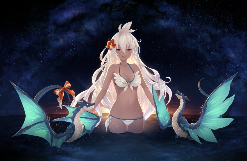 1girl absurdres bikini breasts cait cleavage cowboy_shot dark_skin dragon flower front-tie_bikini front-tie_top granblue_fantasy hair_between_eyes hair_flower hair_ornament halterneck hibiscus highres huge_filesize long_hair looking_at_viewer medium_breasts night night_sky paid_reward patreon_reward red_eyes side-tie_bikini sky smile solo star_(sky) starry_sky swimsuit the_order_grande very_long_hair wading white_bikini white_hair