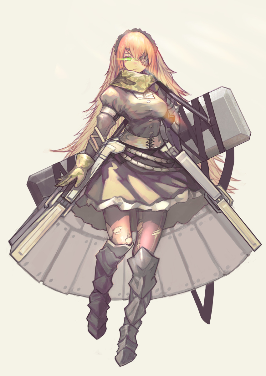 1girl absurdres armor armored_boots armored_dress boots breasts cz2128_delta dress eyepatch gloves glowing glowing_eye highres long_hair long_sleeves luviantree maid maid_headdress overlord_(maruyama) pantyhose pink_hair redhead scarf skirt torn_clothes torn_pantyhose