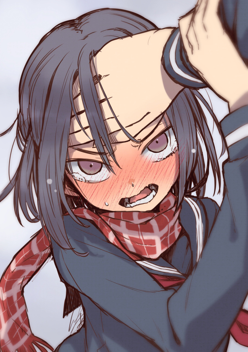 1girl absurdres bangs black_hair black_sailor_collar black_serafuku black_shirt blush commentary_request crying crying_with_eyes_open eyebrows eyebrows_visible_through_hair hair_between_eyes hand_on_another's_arm hand_on_another's_head highres io_naomichi long_sleeves neckerchief nose_blush open_mouth original plaid plaid_scarf red_neckwear red_scarf sailor_collar scarf school_uniform serafuku shirt short_hair solo_focus sweatdrop tears teeth upper_body v-shaped_eyebrows violet_eyes wavy_mouth