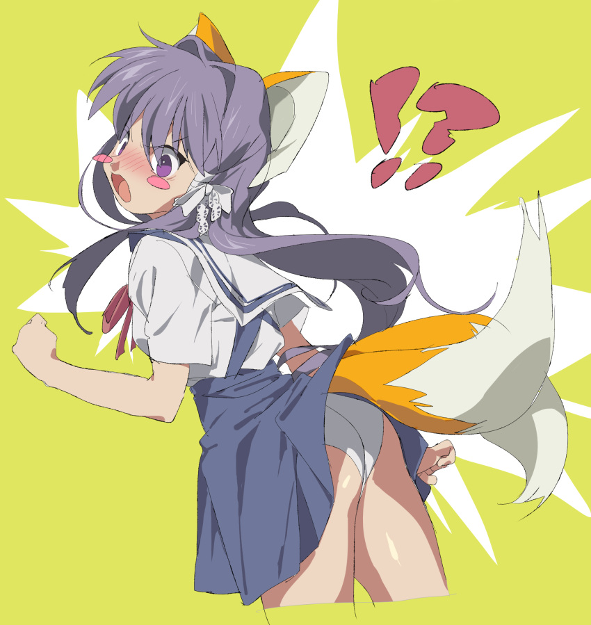 !? 1girl animal_ears arm_at_side ass bangs bare_arms bare_shoulders blue_sky blush blush_stickers bow clannad cowboy_shot cropped_legs eyebrows eyebrows_visible_through_hair eyes_visible_through_hair flat_ass fox_ears fox_tail from_behind fujibayashi_kyou hair_between_eyes hair_bow hair_intakes hair_tubes hand_up high-waist_skirt highres hikarizaka_private_high_school_uniform home_(houmei) inconvenient_tail kemonomimi_mode long_hair looking_back multiple_tails open_mouth panties pink_ribbon ribbon sailor_collar school_uniform serafuku shirt skirt sky solo straight_hair tail tongue underwear v-shaped_eyebrows white_bow white_panties white_sailor_collar white_shirt