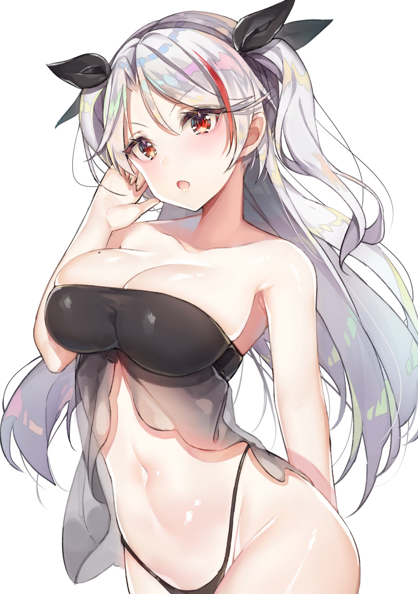 1girl absurdres arm_behind_back azur_lane bikini black_bikini blush breasts cleavage collarbone hair_ribbon highres large_breasts long_hair looking_at_viewer mole mole_on_breast multicolored_hair navel open_mouth prinz_eugen_(azur_lane) ribbon silver_hair simple_background solo streaked_hair swimsuit two_side_up white_background yayoichi_(yoruyoru108)